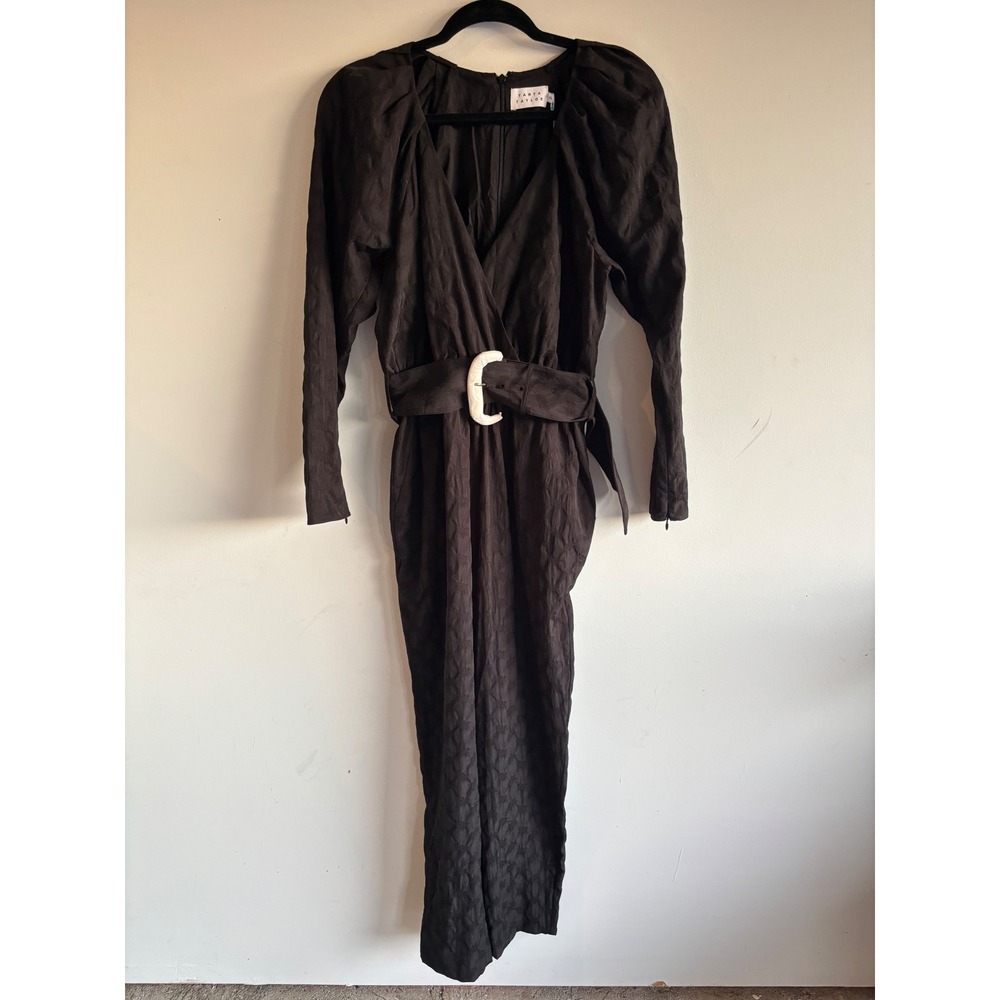 TANYA TAYLOR Black Talisa Jumpsuit Puff Sleeve Belted V Neck Wide Leg XS NWT
